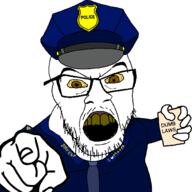 arm bloodshot_eyes brown_eyes clothes glasses hand hat heart holding_object i_love mustache open_mouth pointing pointing_at_viewer police police_hat soyjak stubble text variant:feraljak yellow_sclera // 1500x1500 // 114.2KB