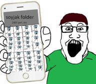 arm brown_hair clothes glasses hand holding_object iphone meta open_mouth phone soyjak soyjak_holding_phone soyteen tshirt variant:markiplier_soyjak variant:unknown // 2144x1884 // 733.9KB