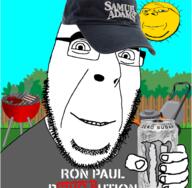 2soyjaks boomer can cap clothes drawn_background glasses grill hand hat holding_object lawnmower monster_energy mustache ron_paul samuel_adams smile soyjak stubble subvariant:wholesome_soyjak variant:cobson variant:gapejak yellow_skin // 1644x1613 // 1.2MB