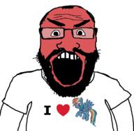 angry animal beard clothes glasses hair heart i_love my_little_pony open_mouth pony red_skin soyjak tshirt variant:science_lover // 800x789 // 127.2KB