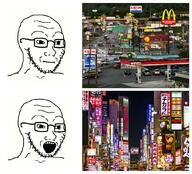 2soyjaks advertisement bald billboard building car city concerned cyberpunk frown gas_station glasses japanese_text logo mcdonalds night nighttime open_mouth photo road sign sky soyjak store street stubble thing_japanese united_states variant:soyak // 1056x958 // 336.2KB