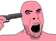 angry bloodshot_eyes crying firearm gun holding_gun holding_object holding_pistol merge meta:low_resolution object open_mouth peaky_blinders pink pink_skin soyjak stubble suicide variant:cobson variant:peakyjak weapon yellow_teeth // 255x186 // 33.6KB