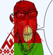 angry belarus blood bloodshot_eyes clenched_teeth country cracked_teeth ear flag glasses red_eyes soyjak speech_bubble stubble transparent variant:feraljak vein yellow_teeth // 493x506 // 229.3KB