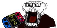 balding clothes ear glasses large_mouth nintendo nintendo_switch oekaki open_mouth soyjak stretched_mouth stubble the_legend_of_zelda thrembo tshirt variant:unknown video_game // 500x250 // 34.5KB