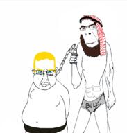 2soyjaks arab aryan beard blue_eyes bull chains closed_mouth clothes ear fat glasses hair hand holding_object islam obese open_mouth slave soyjak stubble subvariant:chudjak_front variant:chudjak variant:cobson yellow_hair // 662x695 // 178.6KB