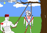 2soyjaks arm assyria bloodshot_eyes buff closed_mouth clothes crying drawn_background ear full_body glasses grass hand hanging hat holding_object irl leg lynching mustache neovagina noose open_mouth ottoman_empire outdoors purple_hair rope sayfo smile smug soyjak tongue tree variant:bernd variant:chudjak yellow_teeth // 3465x2451 // 843.8KB