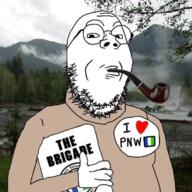 arm badge book brigade closed_mouth clothes forest glasses hair hand holding_book holding_object i_love irl_background lake northwest_front pipe pnw round_glasses smile smoke smoking soyjak stubble text tree variant:gapejak water waterfall // 640x640 // 532.7KB