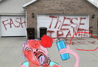 bloodshot_eyes glasses open_mouth pink_skin purple_hair soyjak spray_paint stubble tranny vandalism variant:bernd // 1125x773 // 264.5KB