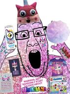 bang_(energy_drink) clothes cotton_candy glasses hand hands_up hat holding_object lego meta:tagme open_mouth pink pink_shirt soyjak stubble unikitty variant:ppp // 988x1322 // 230.7KB