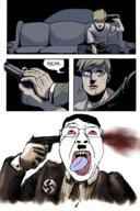 adolf_hitler blood bloodshot_eyes clothes comic crying dead full_body glasses gun hair hand mustache nazism open_mouth soyjak suicide suit swastika text tongue variant:bernd // 658x990 // 609.1KB