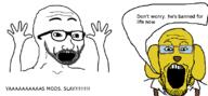 2soyjaks 4chan animal animated arm clothes dog ear gif glasses hand hands_up janny open_mouth soyjak speech_bubble stubble text variant:excited_soyjak variant:markiplier_soyjak yellow yellow_skin // 800x371 // 64.4KB