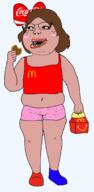 amerimutt arm belly bow bowtie brown_hair brown_skin chubby clothes coca_cola coke donut fat full_body glasses hair hand holding_object mcdonalds mutt open_mouth soyjak subvariant:soylita variant:gapejak // 753x1536 // 68.7KB