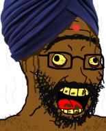 beard brown_skin clothes glasses hat indian open_mouth poop soyjak stubble tongue turban variant:classic_soyjak yellow_eyes yellow_teeth // 644x800 // 363.5KB
