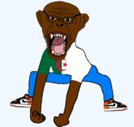 algeria animated black_skin clothes country dance ear ext=gif fangs flag full_body glasses monkey monkey_dance open_mouth soyjak stubble variant:monkeyjak // 570x537 // 113.3KB