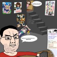 8chan anime chud clothes computer desk drawn_background fat glasses hair hand incel jeans keyboard manlet mother soyjak stairs stubble text tshirt variant:chudjak white_skin woman // 999x999 // 1017.5KB