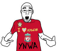 clothes ear football glasses i_heart_nigger lfc liverpool nigger open_mouth pointing soccer soyjak stubble tshirt variant:shirtjak // 618x559 // 162.2KB