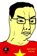 angry asian bant_(4chan) bbc clothes country femdomcuck flag glasses hair incel queen_of_spades small_eyes soyjak variant:chudjak vietnam vietnamese yellow yellow_skin // 645x970 // 257.1KB