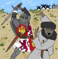 al_andalus arab arm armor bloodshot_eyes brown_skin chain_mail christianity clothes crying drawn_background frog glasses hand hat holding_object holding_sword islam open_mouth pepe reconquesta soyjak spain stubble sword tagelmust variant:soyak weapon // 1011x1024 // 730.6KB
