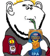 2soyjaks amerimutt arm beer bobo_the_sharty_janny can clothes drinking drinking_straw ear hair hand holding_object kraft looking_at_you macaroni_and_cheese monkey nate open_mouth soyjak stubble suspenders variant:impish_soyak_ears yellow_hair // 513x577 // 188.6KB