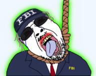 bloodshot_eyes cap clothes crying dead federal_bureau_of_investigation flag glasses glowing hair hanging hat mustache necktie open_mouth purple_hair rope soyjak stubble suicide suit sunglasses text tongue tranny variant:bernd yellow_teeth // 1060x841 // 488.4KB