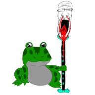 bant_(4chan) blood closed_eyes frog glasses gore holding_object holding_spear impaled nosebleed open_mouth redraw severed_head soyjak spear stubble variant:markiplier_soyjak weapon // 800x800 // 97.5KB