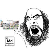angry arm beard chemistry element glasses hand mendelevium open_mouth periodic_table pointing soyjak text variant:cobson // 1200x1200 // 254.2KB