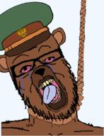 animal bear bloodshot_eyes brown_skin clothes crying ear glasses hanging hat military military_cap open_mouth rope russia russians_with_attitude snout soyjak stubble suicide tongue variant:a24_slowburn_soyjak yellow_teeth // 649x849 // 248.7KB