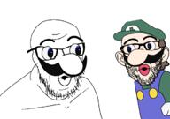 2soyjaks big_nose brown_hair cap clothes ear full_body glasses hair hat luigi merge mustache nintendo open_mouth stubble thick_eyebrows variant:feraljak variant:nojak video_game weegee white_skin // 2132x1500 // 481.4KB