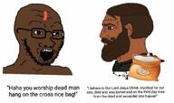 brown_eyes brown_hair brown_skin christianity cross glasses hinduism indian lips necklace nordic_chad open_mouth rice soyjak stubble text variant:soyak // 1071x635 // 69.0KB