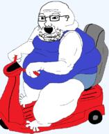 arm clothes double_chin driving fat foot glasses hand leg mobility_scooter obese open_mouth sleeveless_shirt soyjak stubble variant:soyak // 636x778 // 37.2KB