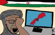 algeria arab arm bloodshot_eyes brown_skin clothes computer crying drawn_background flag glasses hand hat map morocco open_mouth polisario screen soyjak stubble tagelmust variant:soyak western_sahara yellow_teeth // 1500x971 // 34.6KB