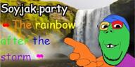 arm banner closed_mouth colorful distorted glasses irl_background looking_at_you moss plant rainbow rock sky smile soyjak soyjak_party stubble subvariant:emmanuel teeth text variant:gapejak water waterfall // 4800x2400 // 13.2MB