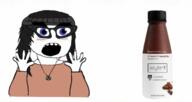 animated beanie blue_eyes blush bottle chocolate clothes excited female glasses hair hand hands_up hat long_hair necklace open_mouth plastic_bottle soy soyjak soylent soylent_(creamy_chocolate) soylent_bottle text variant:soytan // 731x389 // 1.1MB