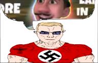 animated arm atlas_earth buff closed_mouth clothes ear glasses hair metaverse music nazism soyjak subvariant:chudjak_front subvariant:muscular_chud swastika thought_bubble tshirt variant:chudjak vein video white_skin yellow_hair // 458x296, 29.7s // 1.2MB