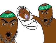 3soyjaks arm baby blood bloodshot_eyes brown_skin glasses hamas hand headband mustache open_mouth palestine penis pointing stubble thick_eyebrows tongue variant:bernd variant:two_pointing_soyjaks yellow_teeth // 1150x882 // 304.3KB