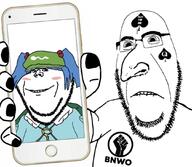 2soyjaks anime arm bbc biting_lip blue_hair blush clothes distorted facial_mark female fist forehead_mark frown glasses hair hand hat holding_object holding_phone iphone judaism kawashiro_nitori key large_nose phone queen_of_spades raised_fist_(symbol) screen smile soyjak stubble subvariant:hornyson tattoo text touhou variant:cobson variant:impish_soyak_ears video_game // 1080x942 // 285.7KB