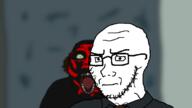 2soyjaks black_skin blurred_background brown_tie closed_mouth clothes demon drawn_background evil frown glasses gray_shirt horror movie necktie open_mouth soyjak stubble variant:classic_soyjak variant:gapejak_front // 1296x730 // 186.5KB