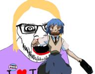 animated anime ayanami_rei blue_hair glasses hair makeup neon_genesis_evangelion open_mouth running soyjak stubble toast tranny variant:feraljak yellow_hair // 500x388 // 205.9KB