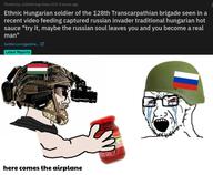 bloodshot_eyes clothes country crying flag hat helmet hot_sauce hungary military nordic_chad open_mouth reddit soyjak stubble text variant:classic_soyjak // 640x528 // 250.5KB