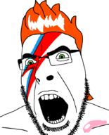 angry david_bowie glasses green_eyes hair lightning open_mouth orange_hair red_hair soyjak stubble tattoo variant:cobson // 721x891 // 55.5KB