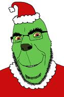 christmas closed_mouth clothes glasses green_skin grinch hat red_eyes santa_hat smile soyjak stubble variant:cobson yellow_sclera // 768x1168 // 89.2KB