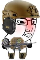 angry arm clothes distorted firearm full_body glasses hair hat helmet k_(4chan) leg military red_face soyjak variant:chudjak weapon // 404x597 // 301.3KB