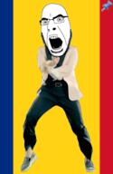animated country dance flag full_body gangnam_style glasses irl open_mouth push_pin romania soyjak sticky stubble variant:cobson // 300x460 // 320.6KB