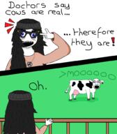 animal arm beanie blue_eyes blush clothes comic cow female glasses greentext hair hand hat marvel necklace open_mouth soyjak stubble text variant:soytan variant:unknown // 886x1014 // 41.2KB