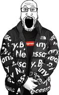 clothes drip glasses jacket open_mouth soyjak stubble supreme text the_forth_face variant:markiplier_soyjak // 685x1101 // 651.3KB