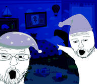 2soyjaks arm bed clothes glasses hand hat looking_at_you mustache nightcap open_mouth pointing soyjak stubble tired variant:two_pointing_soyjaks // 1400x1211 // 282.5KB