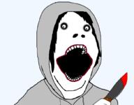 clothes hair hand hat holding_object hoodie jeff_the_killer knife open_mouth soyjak variant:gapejak // 1023x798 // 112.7KB