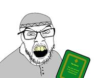 angry book clothes glasses hat islam mustache open_mouth quran soyjak stubble taqiyah text variant:feraljak yellow_teeth // 1295x1024 // 367.8KB