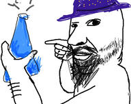 alchemy arm beard closed_mouth hand holding_object mustache pointing soyjak stubble variant:holdjak wizard wizard_hat // 563x445 // 153.7KB
