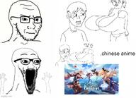 anime arm breasts china closed_mouth concerned frown genshin_impact glasses hand hands_up imgflip.com open_mouth place_japan soyjak stubble subvariant:wewjak summertime_saga text v_(4chan) variant:soyak vg_(4chan) video_game watermark // 680x491 // 84.1KB